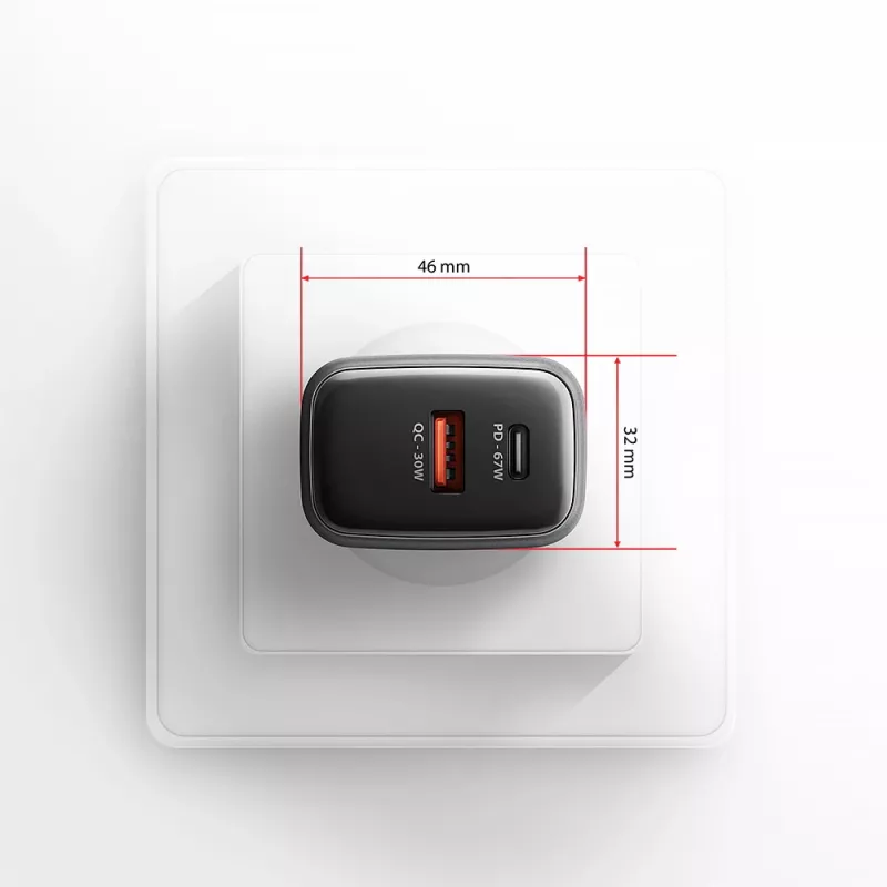 Wall charger AXAGON ACU-PQ67, 67W, PD3.0 + QC4+, 1x USB-C + 1x USB-A, 100–240V, grey/black