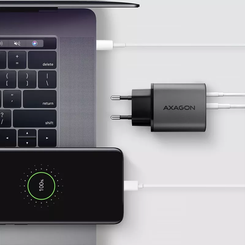 Wall charger AXAGON ACU-PQ67, 67W, PD3.0 + QC4+, 1x USB-C + 1x USB-A, 100–240V, grey/black