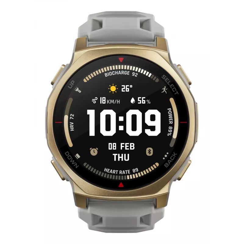 Smartwatch Amazfit T-rex 3 Pro 44 mm, 1.32 inch AMOLED 466×466, 16 GB, 64 MB RAM, GPS, Wi‑Fi, waterproof 45 m, Gold case, Grey silicone band