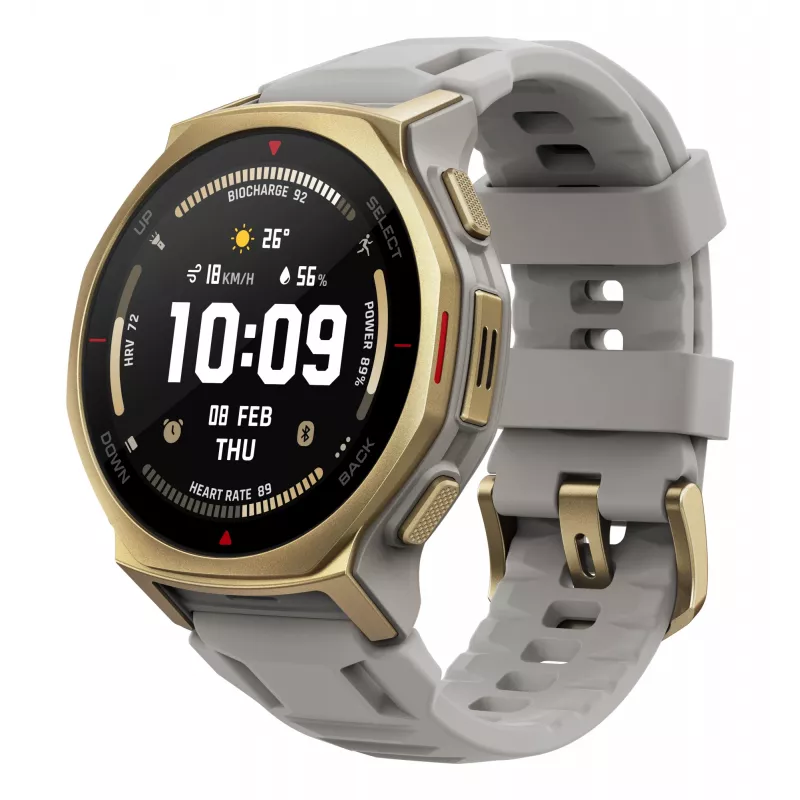 Smartwatch Amazfit T-rex 3 Pro 44 mm, 1.32 inch AMOLED 466×466, 16 GB, 64 MB RAM, GPS, Wi‑Fi, waterproof 45 m, Gold case, Grey silicone band