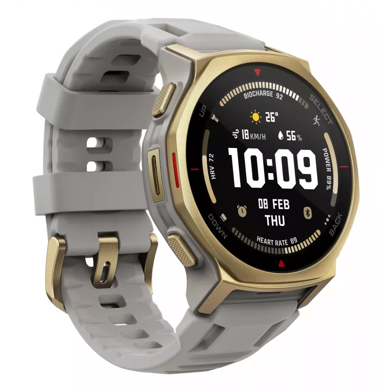 Smartwatch Amazfit T-rex 3 Pro 44 mm, 1.32 inch AMOLED 466×466, 16 GB, 64 MB RAM, GPS, Wi‑Fi, waterproof 45 m, Gold case, Grey silicone band