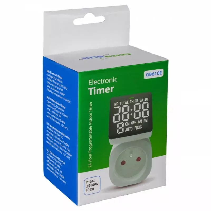 Digital timer switch GreenBlue GB610E, max load 16A, IP20, programmable on/off cycles
