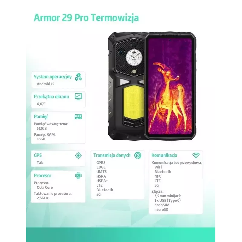 UleFone Smartphone Armor 29 Pro Thermal 5G 16/512GB rugged smartphone with thermal camera, 16GB RAM, 512GB storage