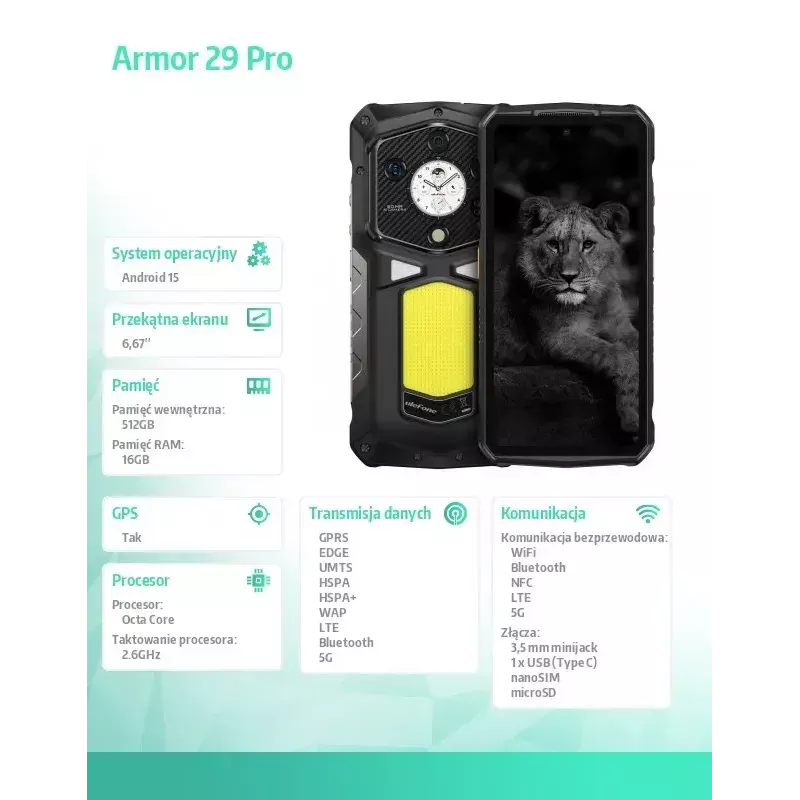 Smartphone UleFone Armor 29 Pro 5G 16/512GB Black, rugged 5G, 16GB RAM, 512GB storage