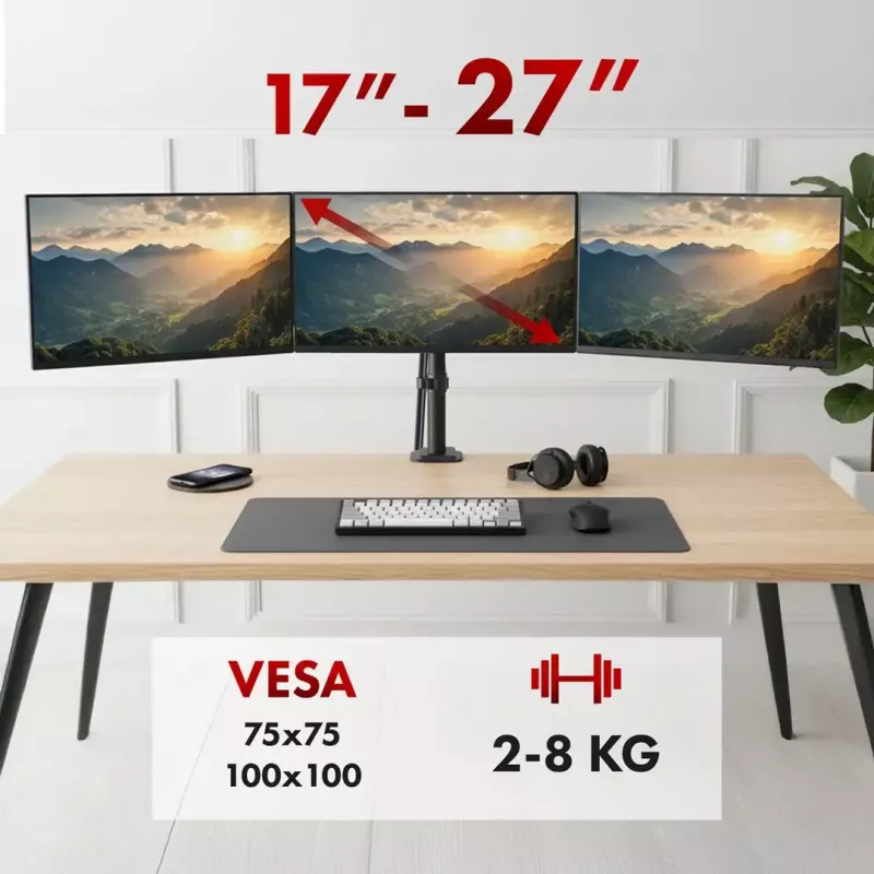 Monitor mount MACLEAN MC-137 — gas spring, for 3 monitors 17 inch–27 inch, 2–8 kg each, black