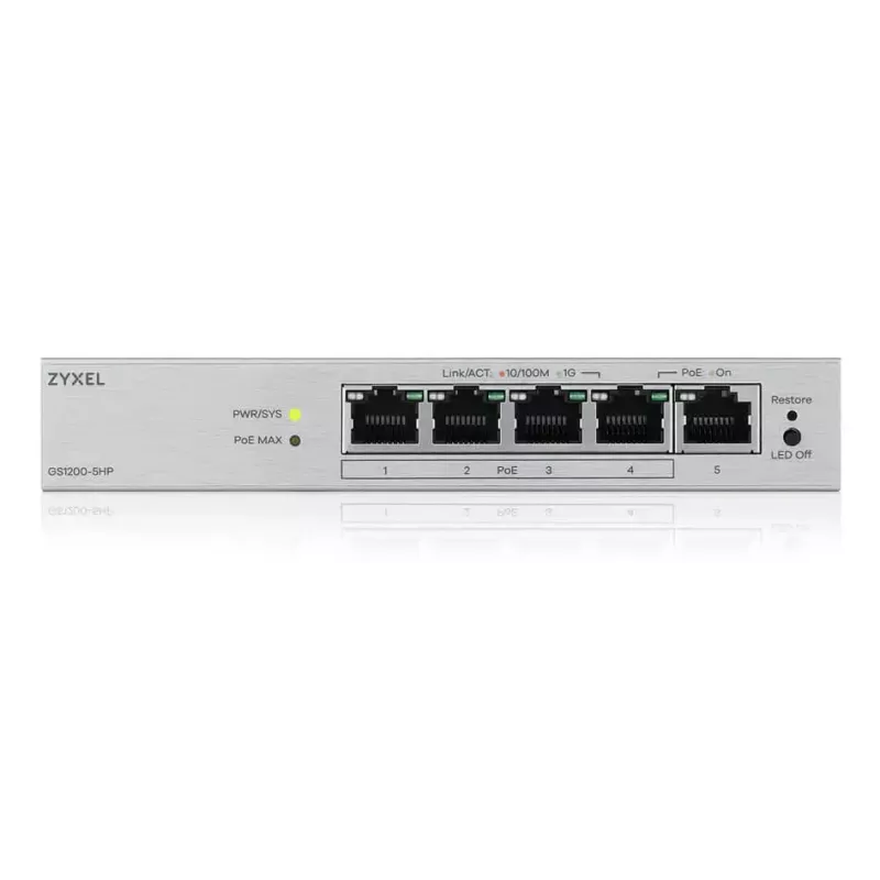 Managed L2 Gigabit PoE Desktop Switch Zyxel GS1200-5HPV3 — 5x Gigabit (10/100/1000), PoE, DC-in, 10 Gbps switching capacity