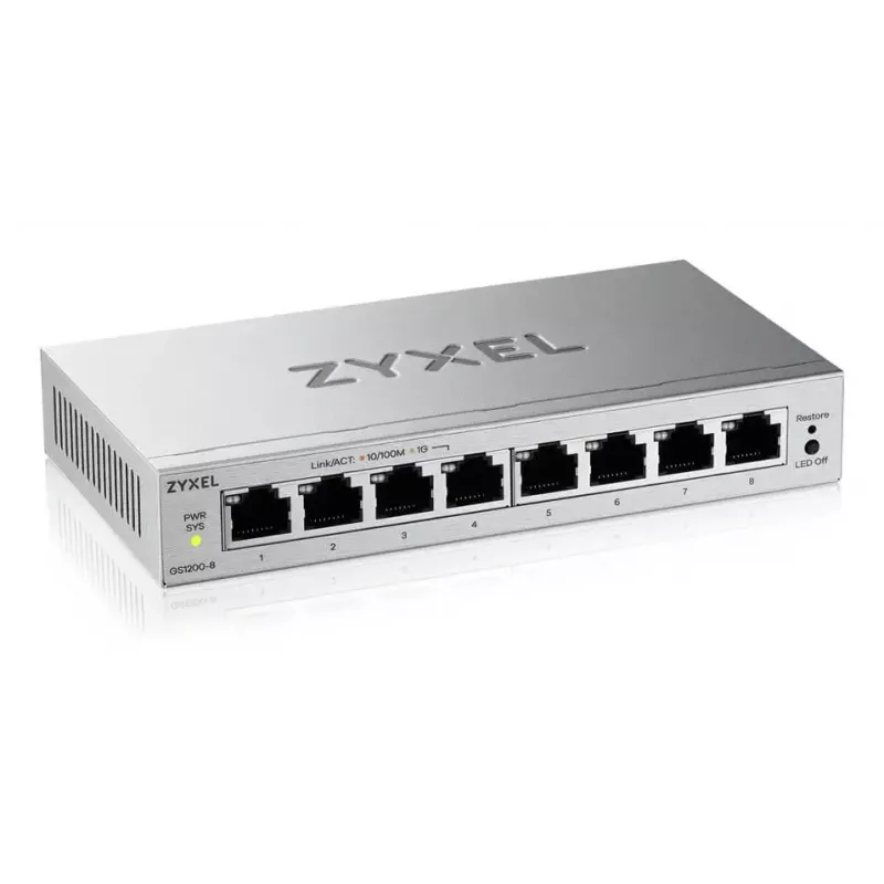 Managed L2 Gigabit Ethernet Switch Zyxel GS1200-8V3 — 8x RJ-45 10/100/1000, 16 Gbit/s, MAC 4000, desktop, grey