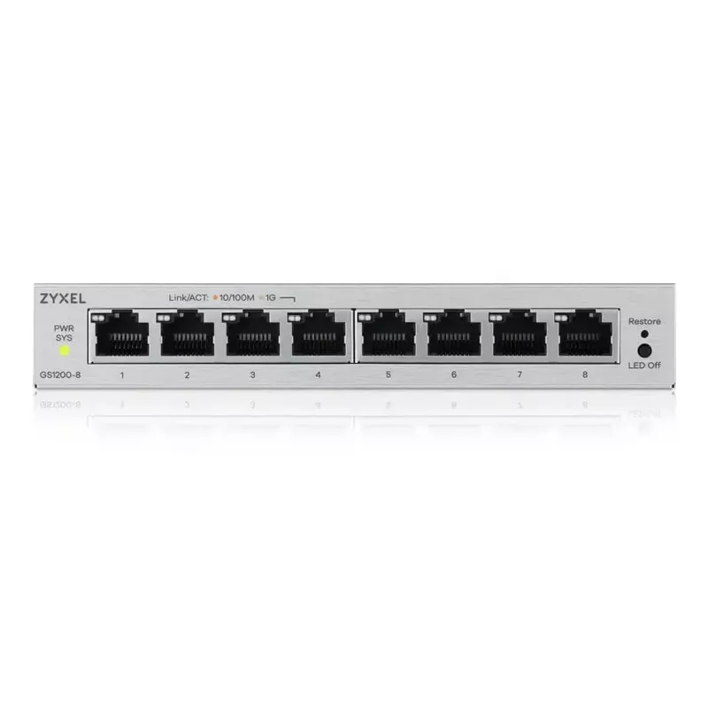 Managed L2 Gigabit Ethernet Switch Zyxel GS1200-8V3 — 8x RJ-45 10/100/1000, 16 Gbit/s, MAC 4000, desktop, grey