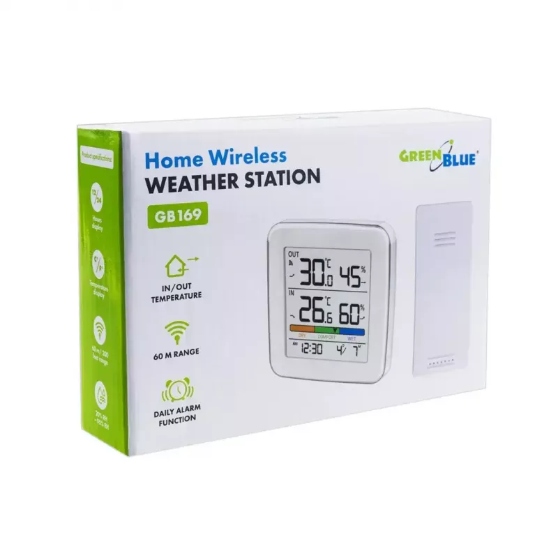 Wireless weather station GreenBlue GB169 — indoor/outdoor temperature & humidity, clock, alarm, range up to 60 m, °C/°F selectable