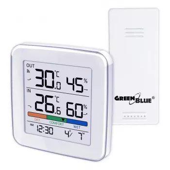 Wireless weather station GreenBlue GB169 — indoor/outdoor temperature & humidity, clock, alarm, range up to 60 m, °C/°F selectable
