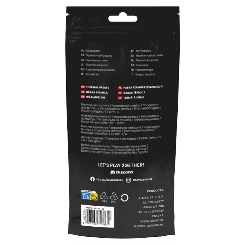 Thermal paste SAVIO TG-01 2G — thermal conductivity 4.7 W/m·K, 2 ml, grey/black