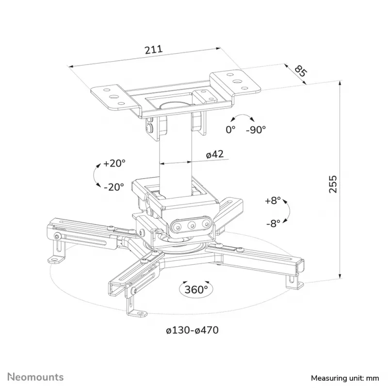 Ceiling projector mount Neomounts CL25-530WH1 — full motion, max load 45 kg, height 25.5 cm, white