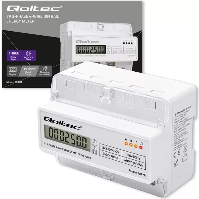 Three-phase DIN rail energy meter QOLTEC 50978 — 400V, 100A