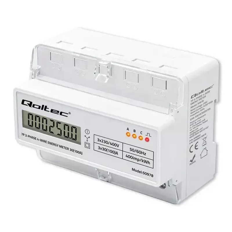 Three-phase DIN rail energy meter QOLTEC 50978 — 400V, 100A