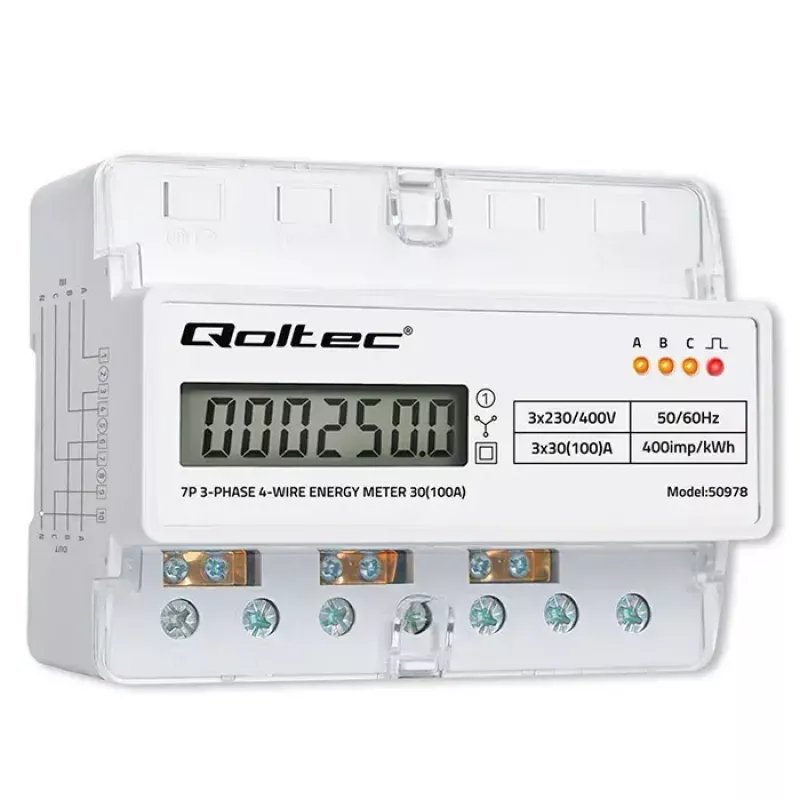 Three-phase DIN rail energy meter QOLTEC 50978 — 400V, 100A