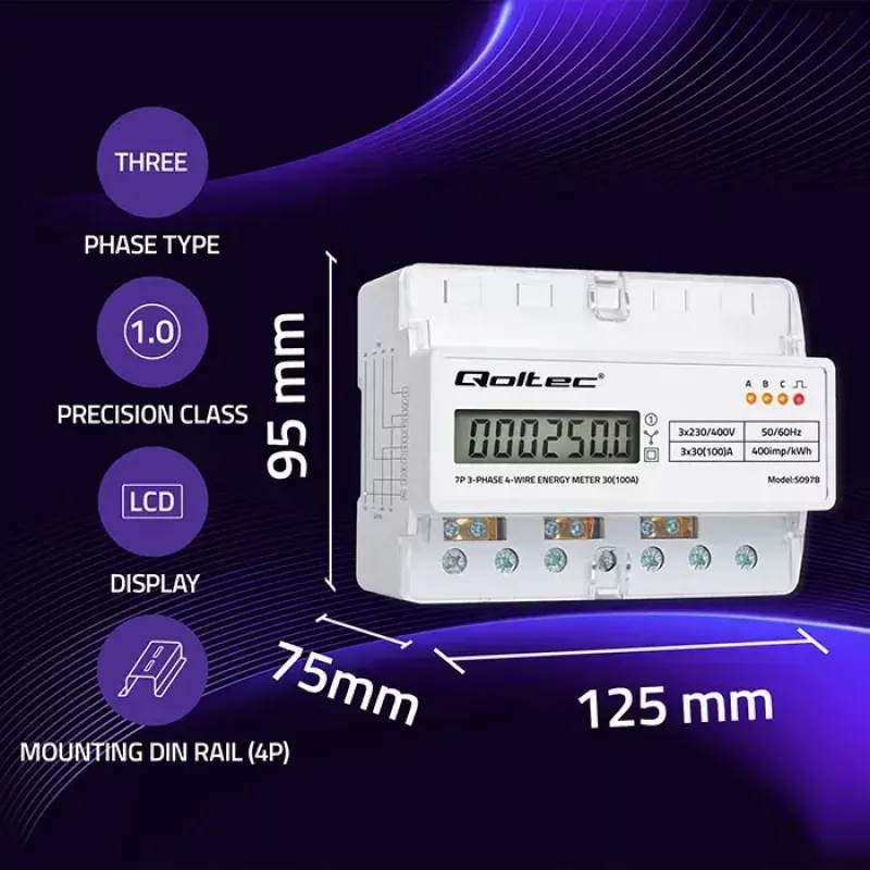 Three-phase DIN rail energy meter QOLTEC 50978 — 400V, 100A