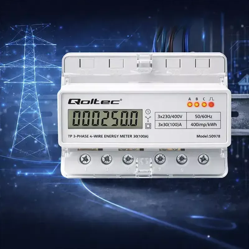 Three-phase DIN rail energy meter QOLTEC 50978 — 400V, 100A