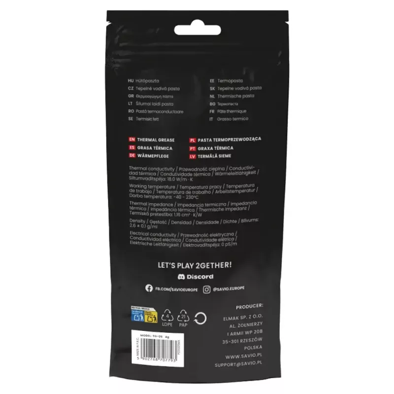 Thermal paste SAVIO TG-05 1 g — thermal conductivity 18 W/m·K, grey, density 2.6 g/cm³