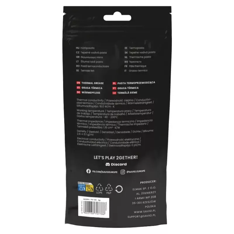 Thermal paste SAVIO TG-05 2g — thermal conductivity 18 W/m·K, 2 ml