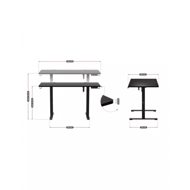 Straight gaming desk Huzaro Hero 8.2 Black MDF rectangular 1200x600 mm, adjustable height 720–1180 mm, 80 kg load