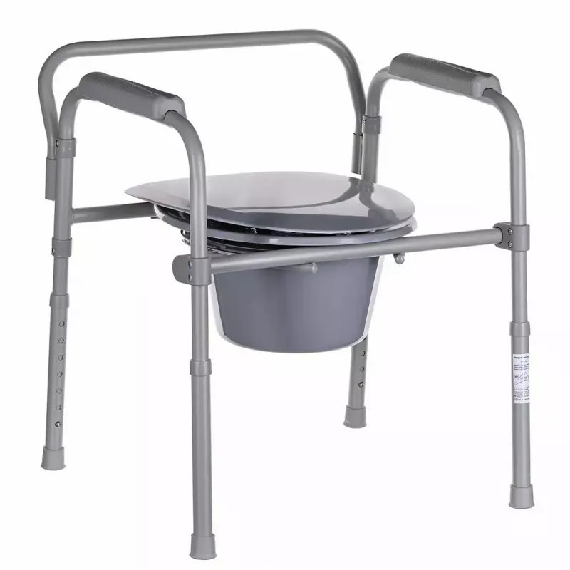 Folding toilet chair ANTAR with armrests, storage box, steel frame, adjustable height 35–50 cm, max load 120 kg, grey