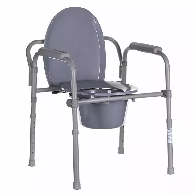 Folding toilet chair ANTAR with armrests, storage box, steel frame, adjustable height 35–50 cm, max load 120 kg, grey