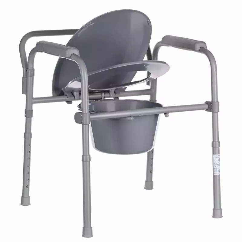 Folding toilet chair ANTAR with armrests, storage box, steel frame, adjustable height 35–50 cm, max load 120 kg, grey