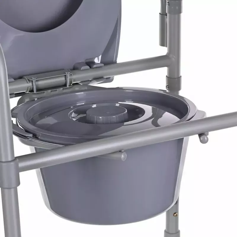 Folding toilet chair ANTAR with armrests, storage box, steel frame, adjustable height 35–50 cm, max load 120 kg, grey