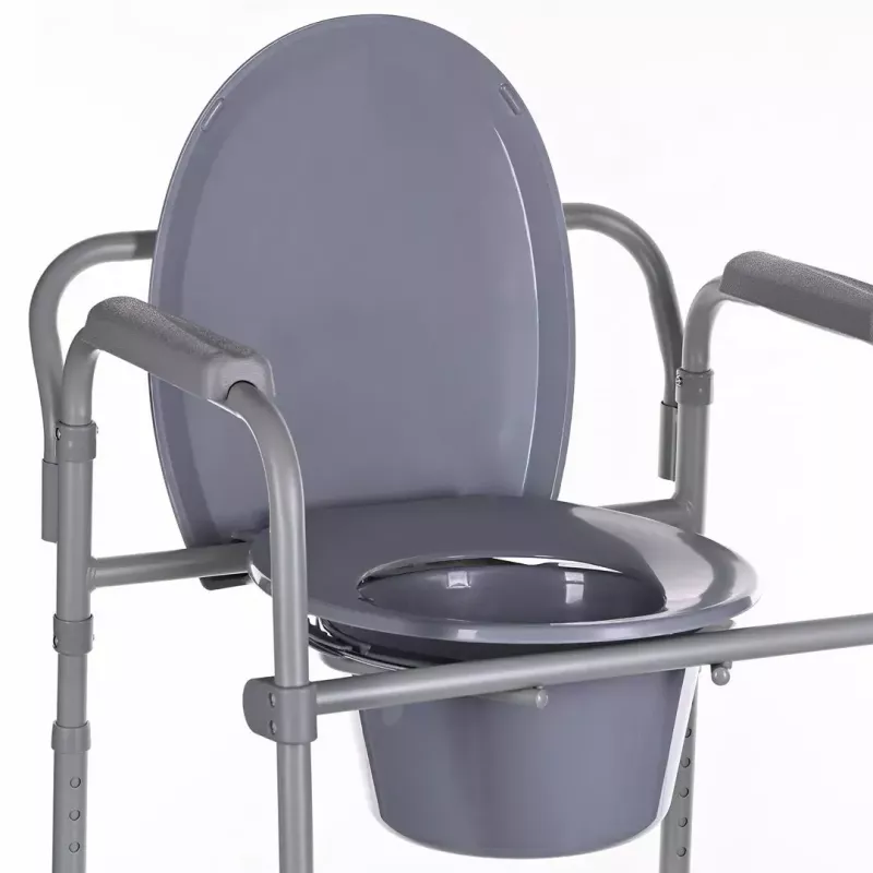 Folding toilet chair ANTAR with armrests, storage box, steel frame, adjustable height 35–50 cm, max load 120 kg, grey
