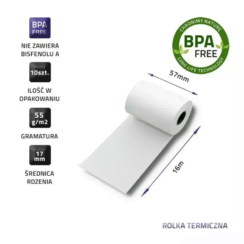 Thermal roll QOLTEC 51899 — 57 mm x 16 m, 55 g/m², BPA free