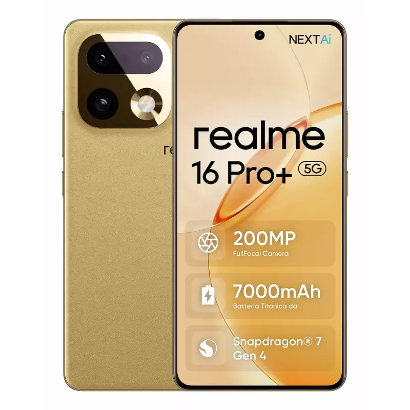 Smartphone REALME realme 16 Pro+ — 6.8 inch (17.3 cm) 1280×2800, Snapdragon 7 Gen 4, 12 GB RAM, 512 GB, 200 MP, 7000 mAh, Gold