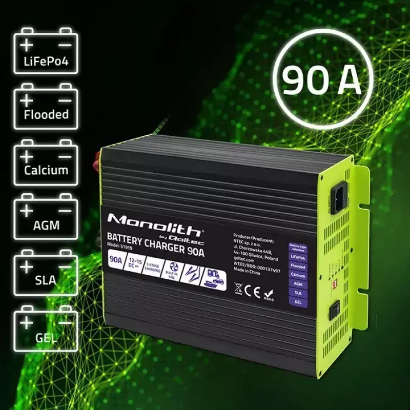 Battery Charger QOLTEC 51919 90A 12V for LiFePO4 AGM GEL SLA