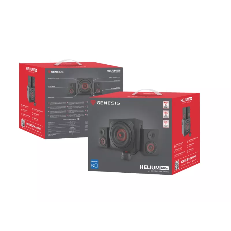 Speaker set GENESIS Helium 610BT 2.1, 60 W RMS, Bluetooth, wired, red/black, compact subwoofer