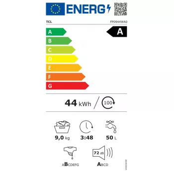 Washing machine TCL FP0944WA0 — front loading, 9 kg, 1400 RPM, A class, LED display, steam, 60×56×85 cm, white