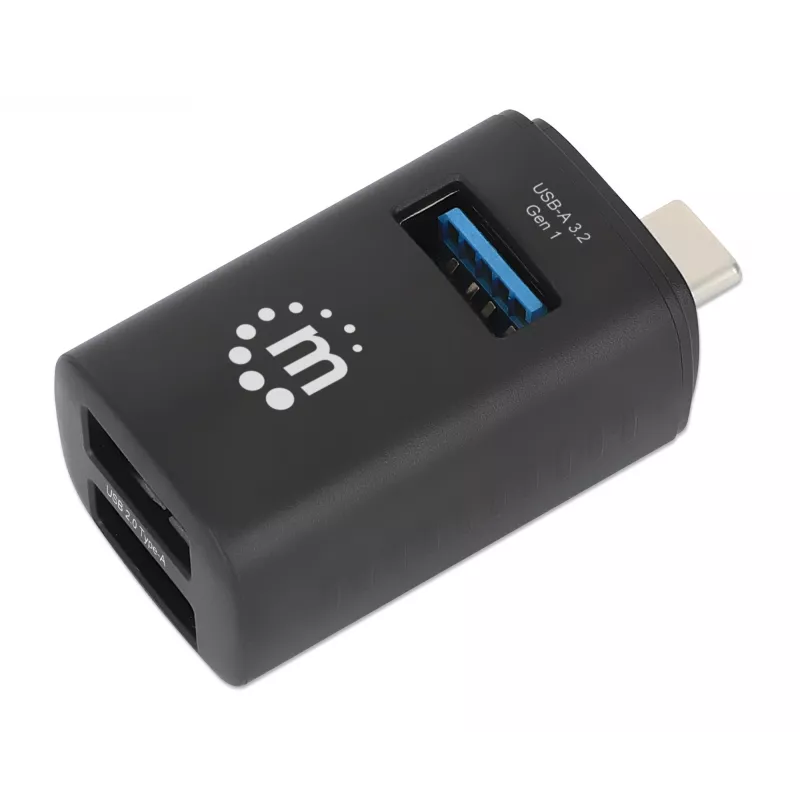 Manhattan USB-C 3-Port Hub, ULTRA COMPACT, 3x USB-A Ports (1x 5 Gbps USB 3.2 Gen1 aka USB 3.0, 3 x 480 Mbps USB 2.0), USB powered (no external power supply required)