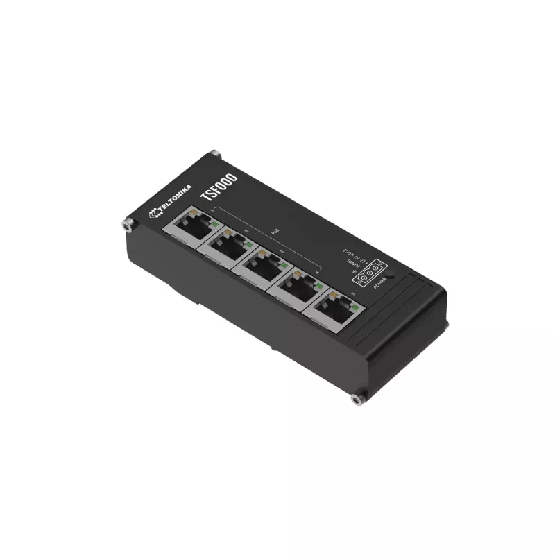 Unmanaged Fast Ethernet PoE Desktop Switch Teltonika TSF000 — 5× 10/100 RJ-45, IEEE 802.3af/at, DC 7–57V, black