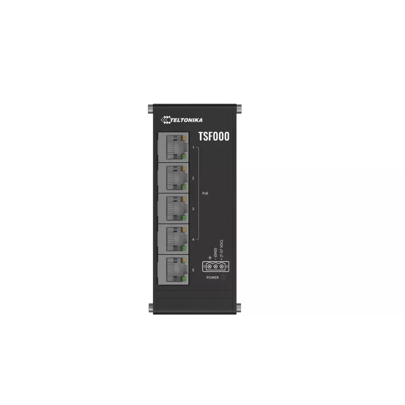 Unmanaged Fast Ethernet PoE Desktop Switch Teltonika TSF000 — 5× 10/100 RJ-45, IEEE 802.3af/at, DC 7–57V, black