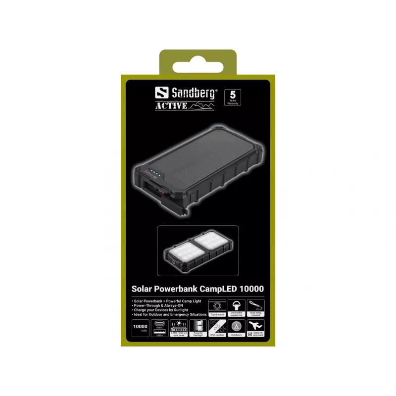 Sandberg Solar Powerbank CampLED 10000, 10000 mAh, Programmable Power Supply (PPS), 3.7 V, 15 W, Black