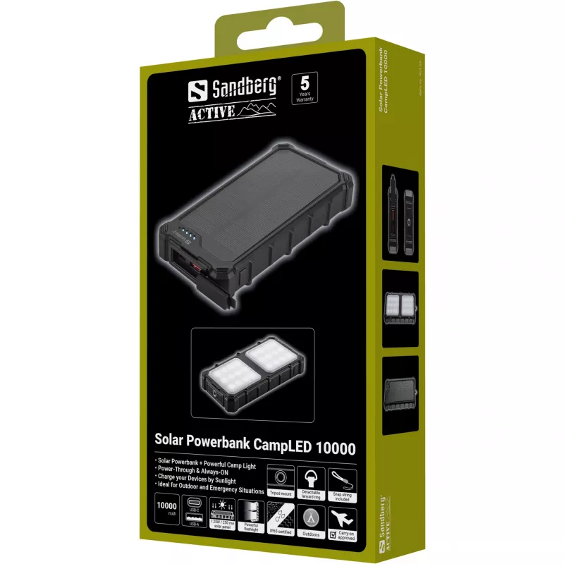 Sandberg Solar Powerbank CampLED 10000, 10000 mAh, Programmable Power Supply (PPS), 3.7 V, 15 W, Black
