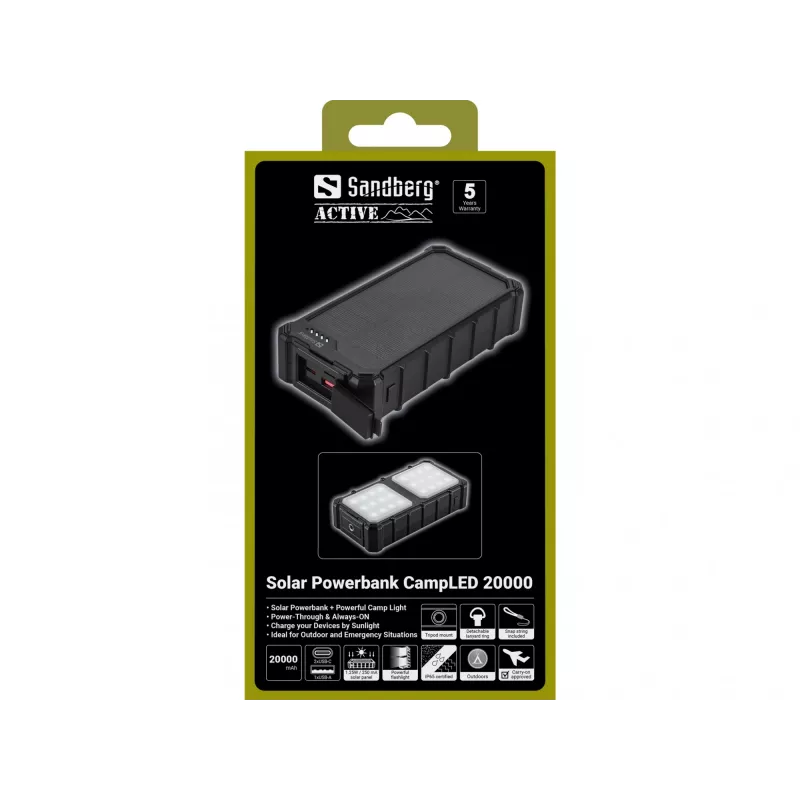 Sandberg Solar Powerbank CampLED 20000, 20000 mAh, Programmable Power Supply (PPS), 3.7 V, 15 W, Black
