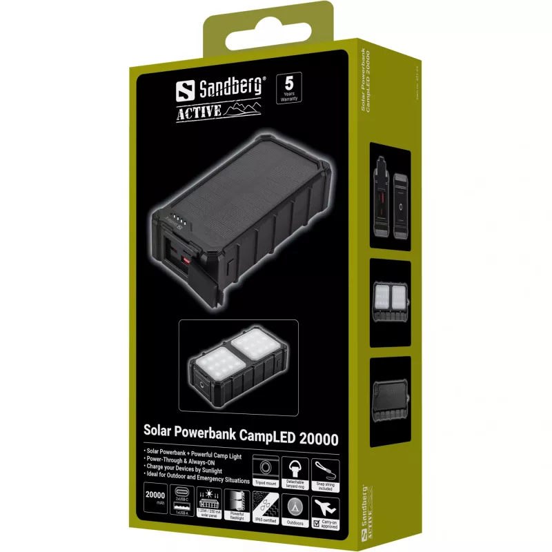 Sandberg Solar Powerbank CampLED 20000, 20000 mAh, Programmable Power Supply (PPS), 3.7 V, 15 W, Black