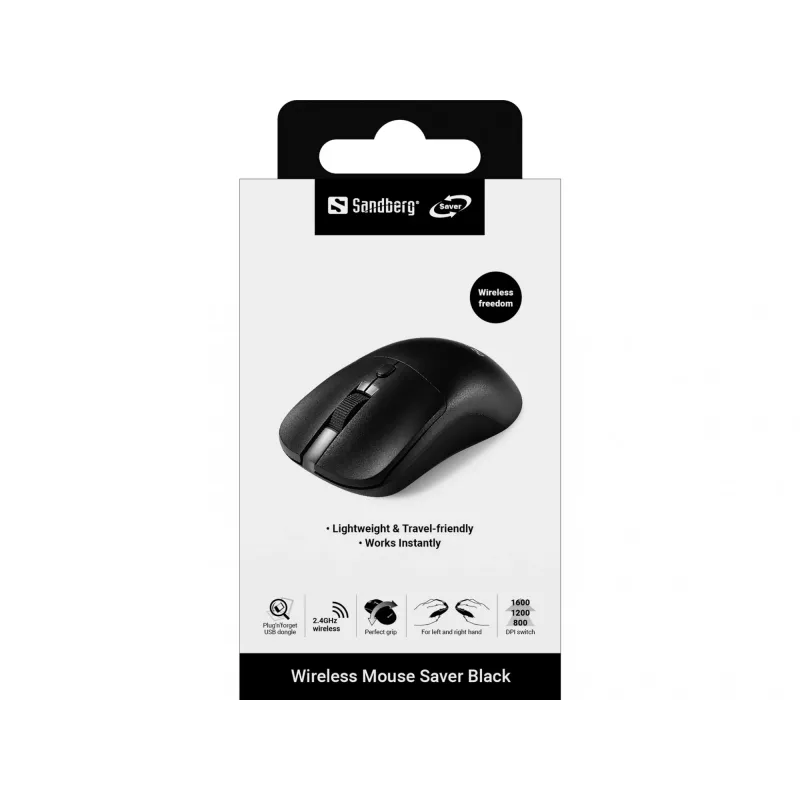Sandberg Wireless Mouse Saver Black, Ambidextrous, RF Wireless, 1600 DPI, Black