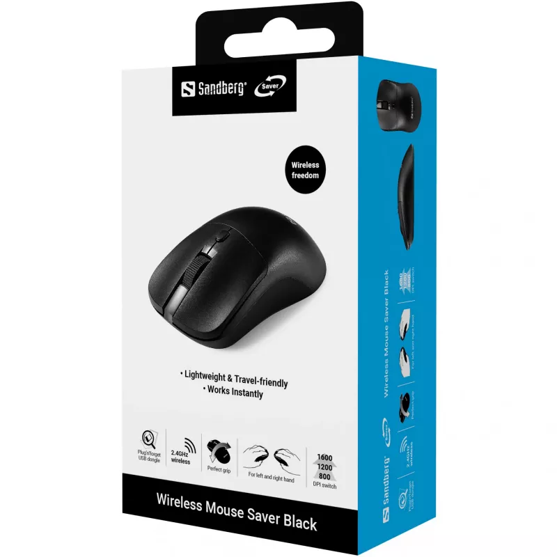 Sandberg Wireless Mouse Saver Black, Ambidextrous, RF Wireless, 1600 DPI, Black
