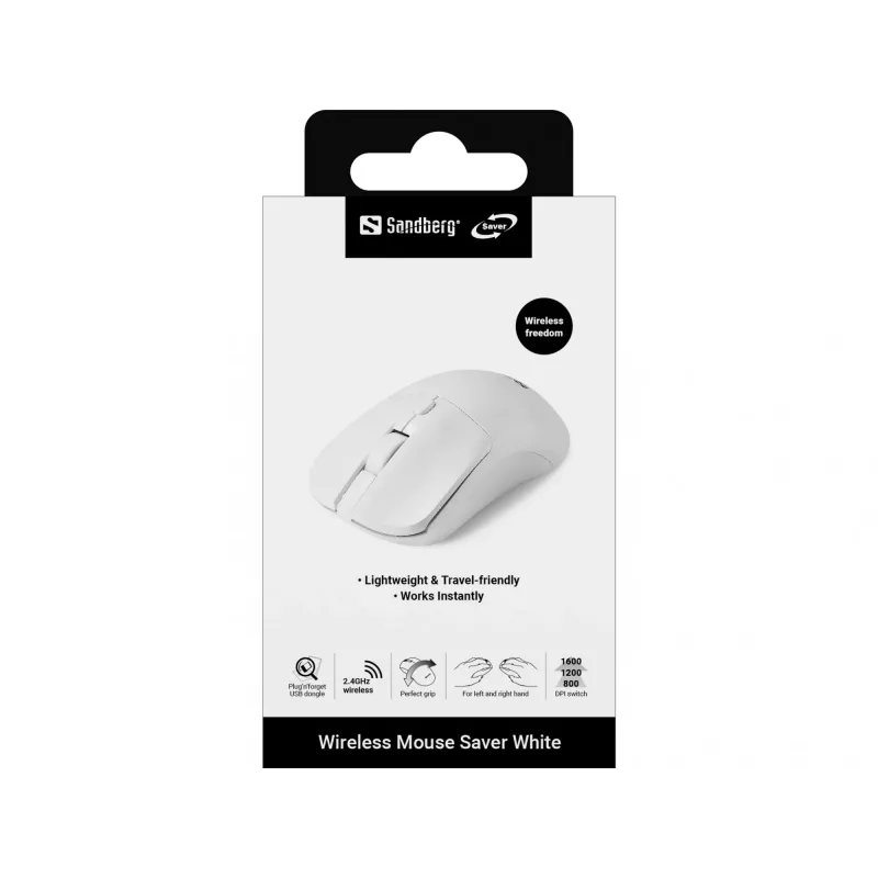 Sandberg Wireless Mouse Saver White, Ambidextrous, RF Wireless, 1600 DPI, White