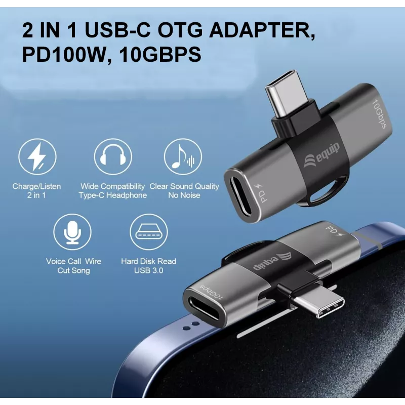 Adapter USB-C OTG 2-in-1 EQUIP 133479 — 100W PD, 10Gbps, 1x USB-C to 2x USB-C, grey