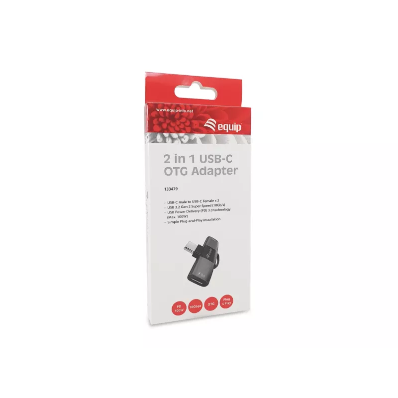 Adapter USB-C OTG 2-in-1 EQUIP 133479 — 100W PD, 10Gbps, 1x USB-C to 2x USB-C, grey