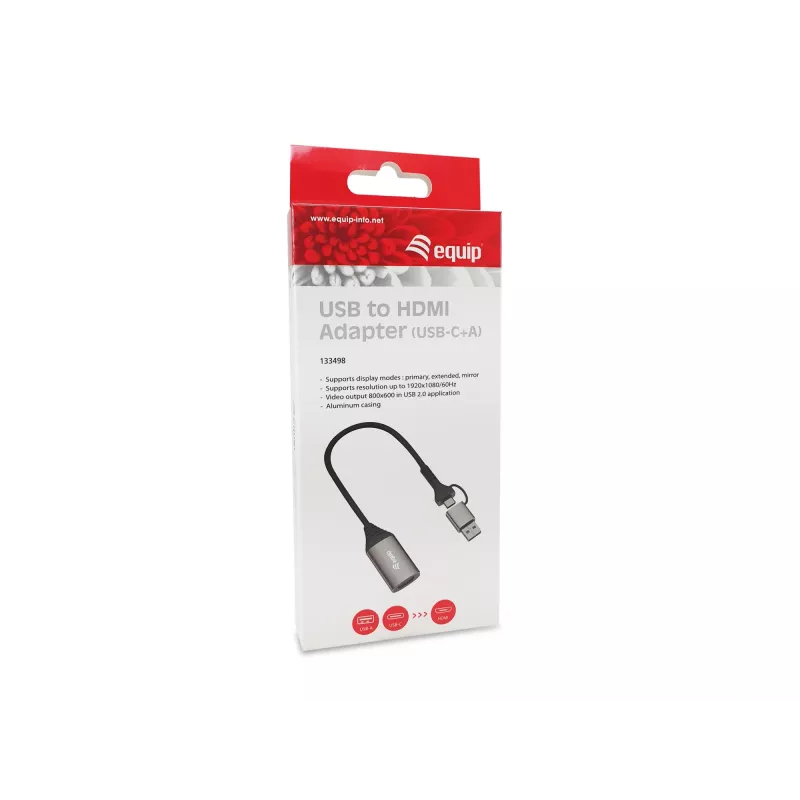 USB to HDMI adapter EQUIP 133498 (USB-C and USB-A male to HDMI, 1080p, aluminium housing, grey)