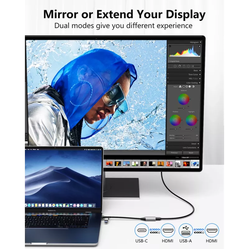USB to HDMI adapter EQUIP 133498 (USB-C and USB-A male to HDMI, 1080p, aluminium housing, grey)