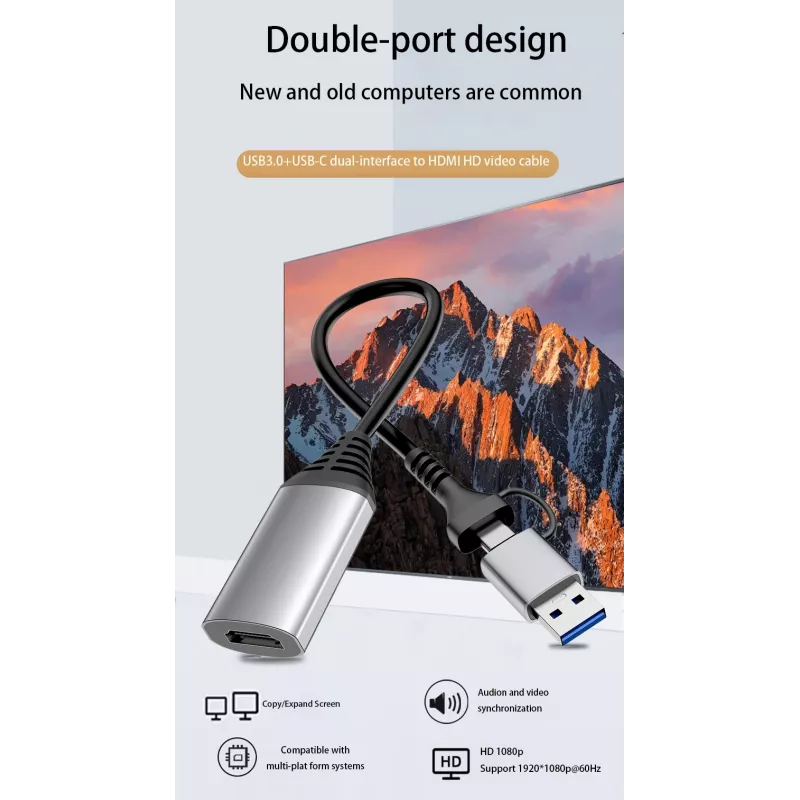 USB to HDMI adapter EQUIP 133498 (USB-C and USB-A male to HDMI, 1080p, aluminium housing, grey)