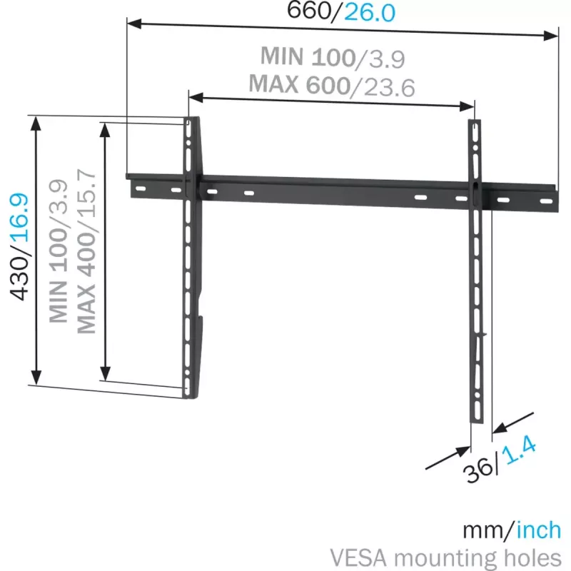 Vogel's wall mount MNT 300 for flat screens up to 2.03 m (80 inch), 100 kg capacity, VESA 100x100–600x400, Black